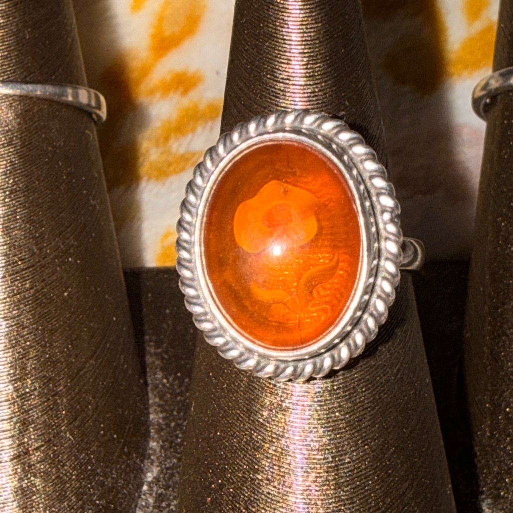 Vintage Sterling Silver Baltic Amber Intaglio Rose Ring Sz 7 1/2